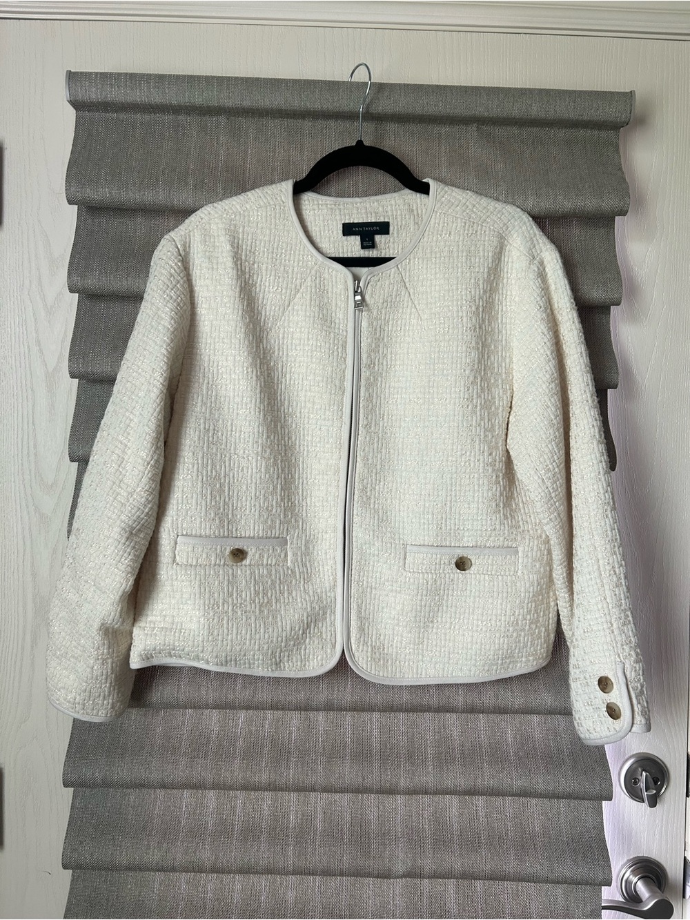 Ann Taylor Cream Textured Zip Jacket